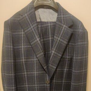 Moss London 38R 32w navy check slim fit suit half lined 100% fine merino wool